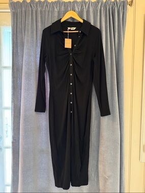 Boden Black Long-Sleeve Ruched Button-Front Dress